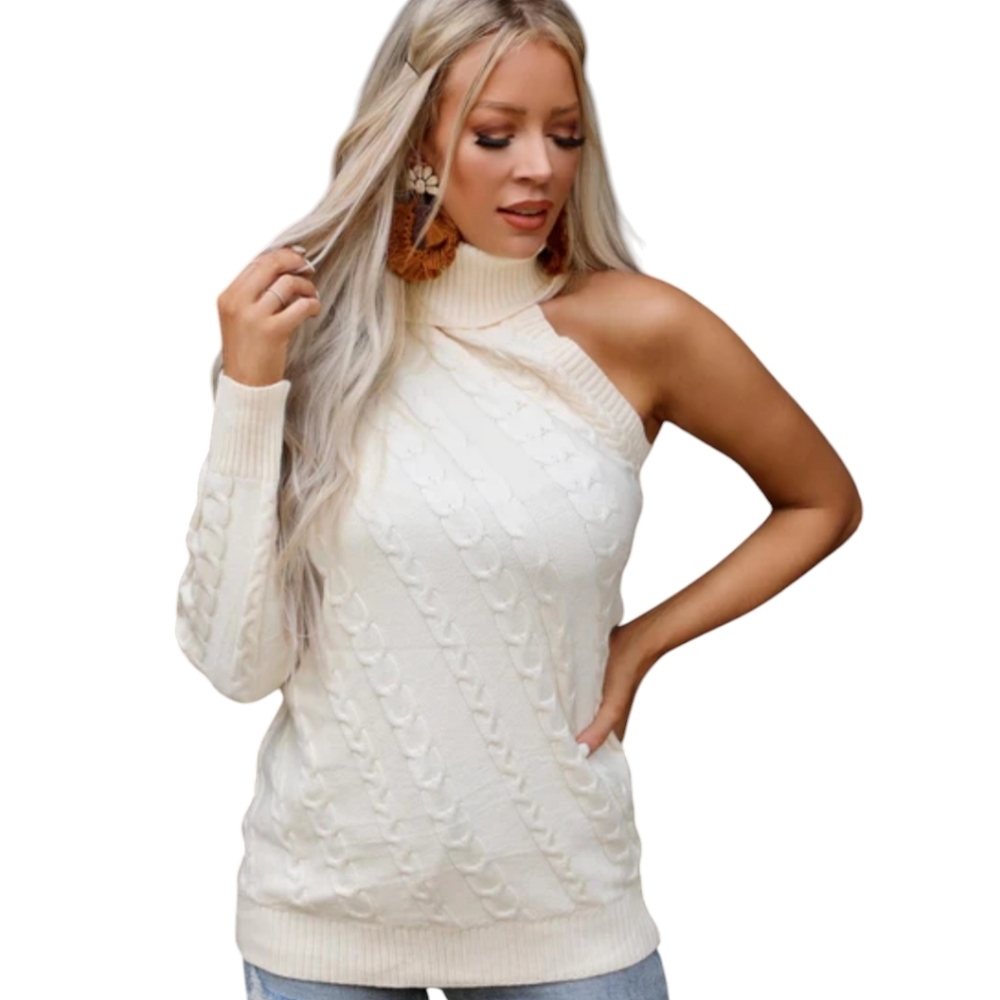 Mazik Women's size Large Ivory One Shoulder Flirty Sexy Preppy Chunky Sweater